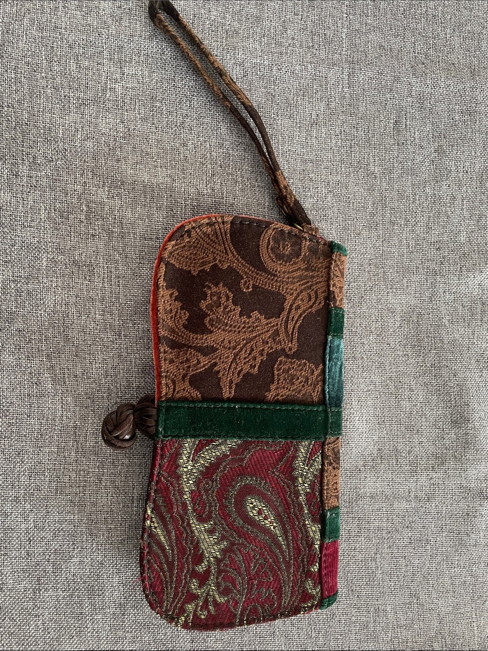 Lucky Brand Velvet Patchwork Wristlet in Green, Burgundy and Brown - Picture 2 of 6